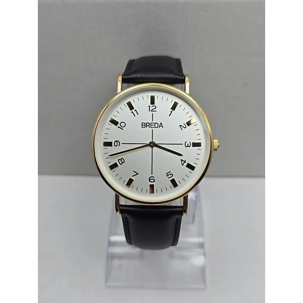 Breda Gold White Dial Quartz Unisex Watch Black Leather Strap New Battery Dallas